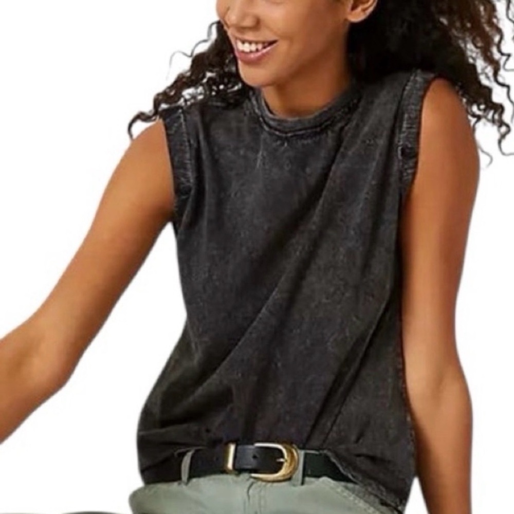 Anthropologie Pilcro Sustainable Roll-sleeve Tank In Black Acid Wash SMALL